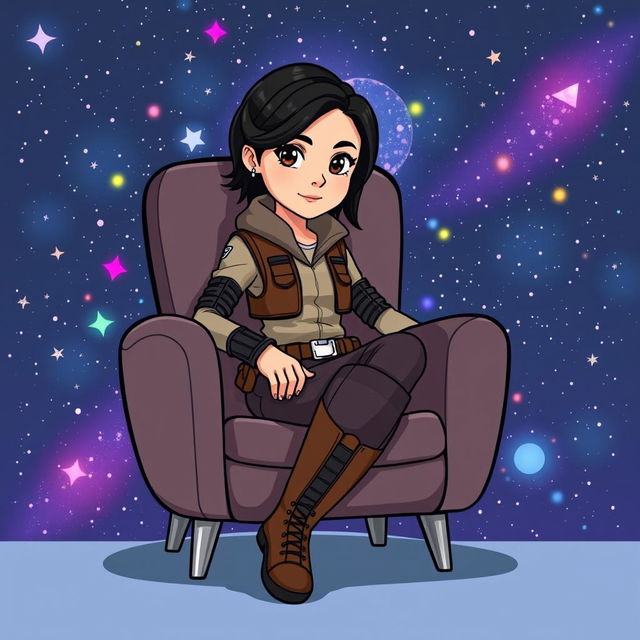 An illustration of Jyn Erso from Star Wars, sitting on a stylish chair in a vibrant cartoon style