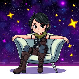 An illustration of Jyn Erso from Star Wars, sitting on a stylish chair in a vibrant cartoon style