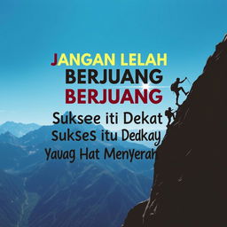An empowering poster featuring the phrase "Jangan Lelah Berjuang, Sukses Itu Dekat untuk yang Tidak Menyerah!" (Don't Get Tired of Fighting, Success is Close for Those Who Don't Give Up!) in a striking and motivational font