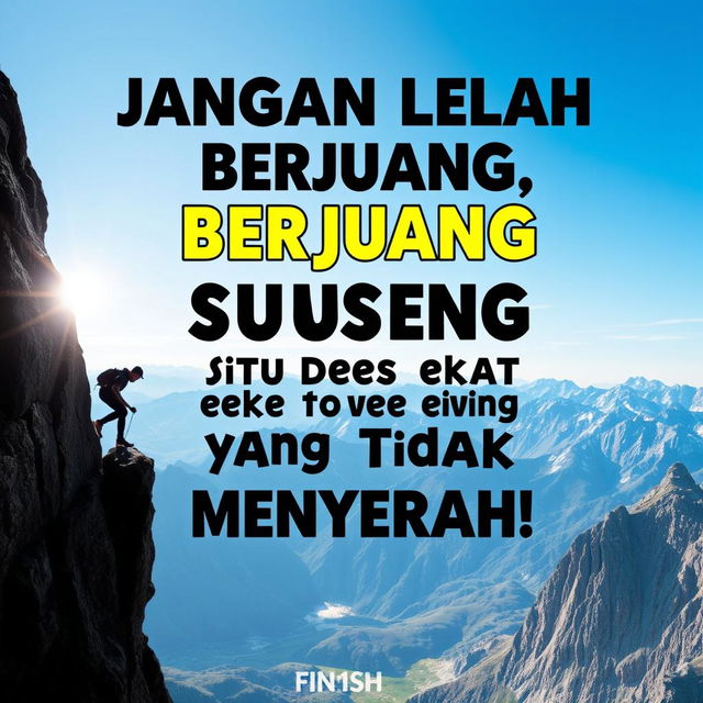 An empowering poster featuring the phrase "Jangan Lelah Berjuang, Sukses Itu Dekat untuk yang Tidak Menyerah!" (Don't Get Tired of Fighting, Success is Close for Those Who Don't Give Up!) in a striking and motivational font