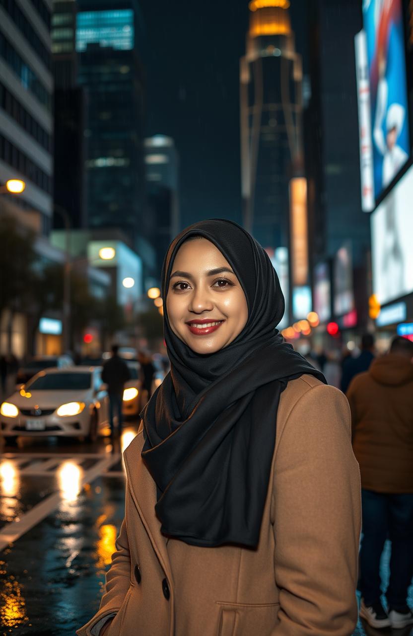 A portrait of a woman wearing a hijab, standing confidently in the middle of a bustling city at night during rain