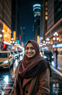 A portrait of a woman wearing a hijab, standing confidently in the middle of a bustling city at night during rain