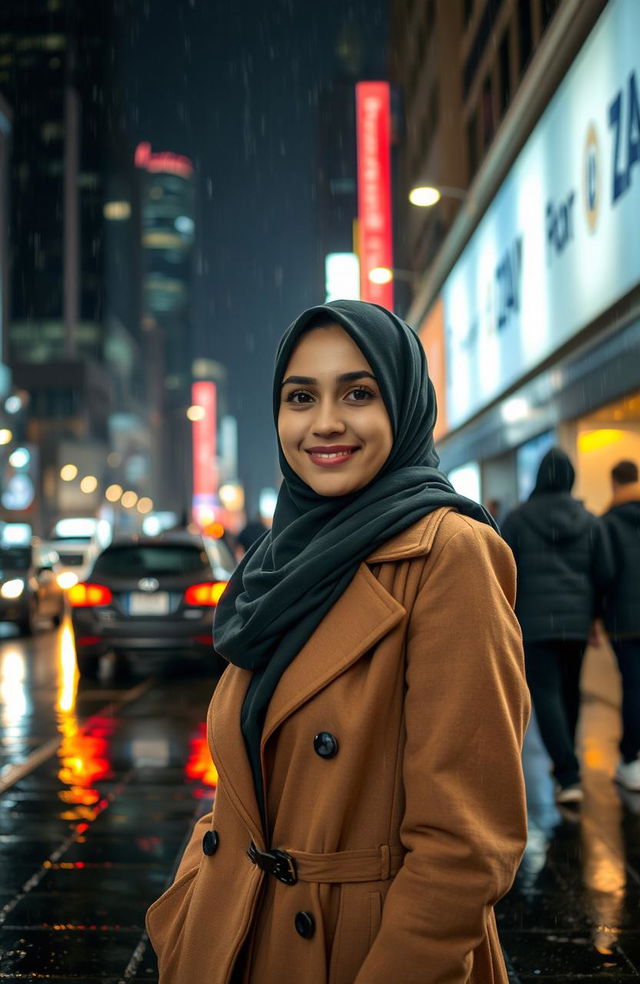 A portrait of a woman wearing a hijab, standing confidently in the middle of a bustling city at night during rain