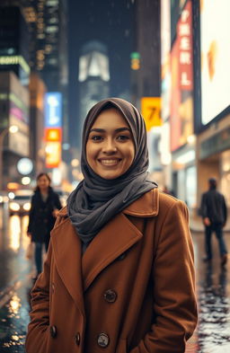 A portrait of a woman wearing a hijab, standing confidently in the middle of a bustling city at night during rain