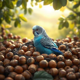A cute and romantic scene featuring a charming blue male budgie nestled among rich hazelnuts in their natural setting