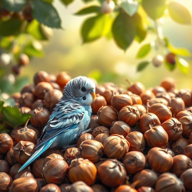 A cute and romantic scene featuring a charming blue male budgie nestled among rich hazelnuts in their natural setting