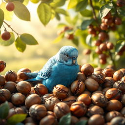 A cute and romantic scene featuring a charming blue male budgie nestled among rich hazelnuts in their natural setting