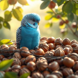 A cute and romantic scene featuring a charming blue male budgie nestled among rich hazelnuts in their natural setting