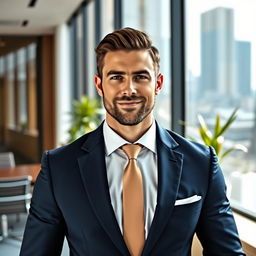 A confident man wearing a tailored dark blue suit, with a crisp white shirt, and a stylish tie