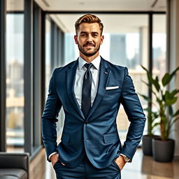 A confident man wearing a tailored dark blue suit, with a crisp white shirt, and a stylish tie