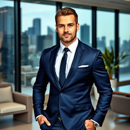 A confident man wearing a tailored dark blue suit, with a crisp white shirt, and a stylish tie