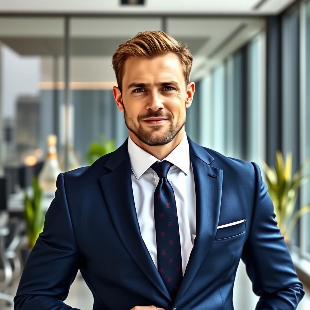 A confident man wearing a tailored dark blue suit, with a crisp white shirt, and a stylish tie