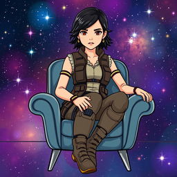 An illustration of Jyn Erso from Star Wars, sitting comfortably on a stylish chair in a vibrant cartoon style