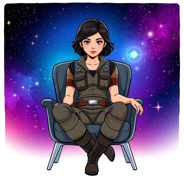 An illustration of Jyn Erso from Star Wars, sitting comfortably on a stylish chair in a vibrant cartoon style