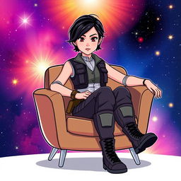 An illustration of Jyn Erso from Star Wars, sitting comfortably on a stylish chair in a vibrant cartoon style