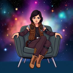 An illustration of Jyn Erso from Star Wars, sitting comfortably on a stylish chair in a vibrant cartoon style