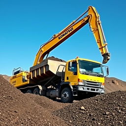 A Komatsu PC 500 excavator skillfully loading coal onto a Hino 500 truck