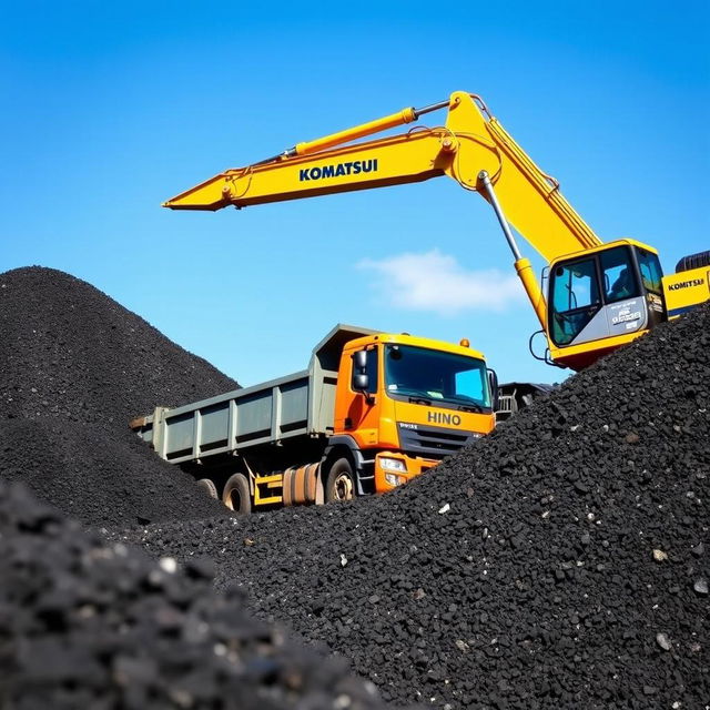 A Komatsu PC 500 excavator skillfully loading coal onto a Hino 500 truck