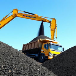 A Komatsu PC 500 excavator skillfully loading coal onto a Hino 500 truck