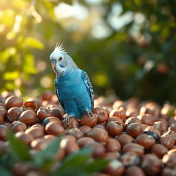 A cute and romantic scene featuring a charming blue male budgie with a striking white head, perched playfully among rich hazelnuts in a beautiful natural setting