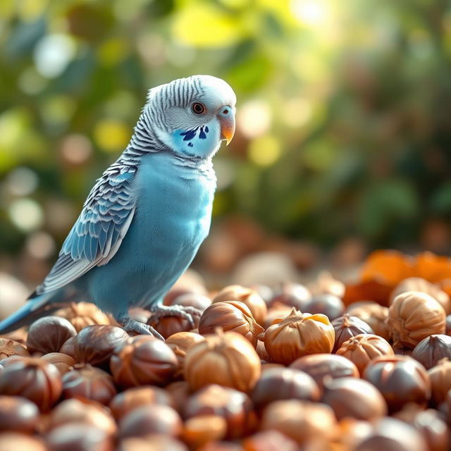 A cute and romantic scene featuring a charming blue male budgie with a striking white head, perched playfully among rich hazelnuts in a beautiful natural setting