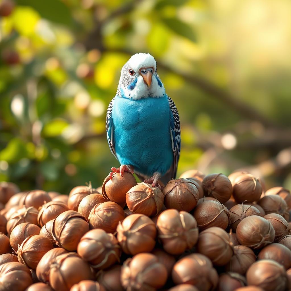 A cute and romantic scene featuring a charming blue male budgie with a striking white head, perched playfully among rich hazelnuts in a beautiful natural setting