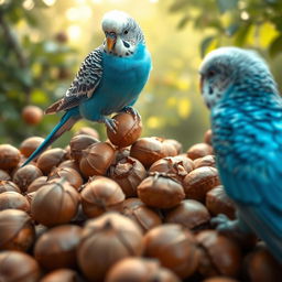 A cute and romantic scene featuring a charming blue male budgie with a striking white head, perched playfully among rich hazelnuts in a beautiful natural setting