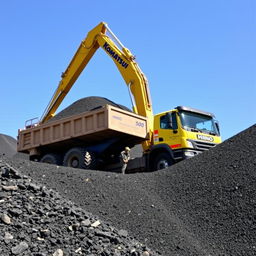 A Komatsu PC 500 excavator skillfully loading coal onto a Hino 500 truck