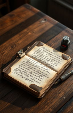 An elegant, vintage leather journal lying open on a beautifully textured wooden table, surrounded by an ink pen with intricate designs and a small ink bottle