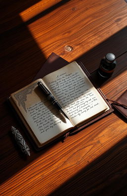 An elegant, vintage leather journal lying open on a beautifully textured wooden table, surrounded by an ink pen with intricate designs and a small ink bottle