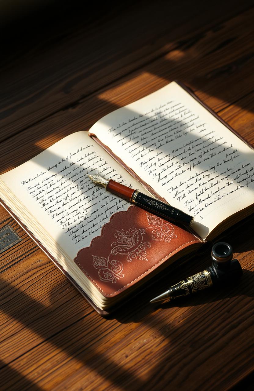 An elegant, vintage leather journal lying open on a beautifully textured wooden table, surrounded by an ink pen with intricate designs and a small ink bottle