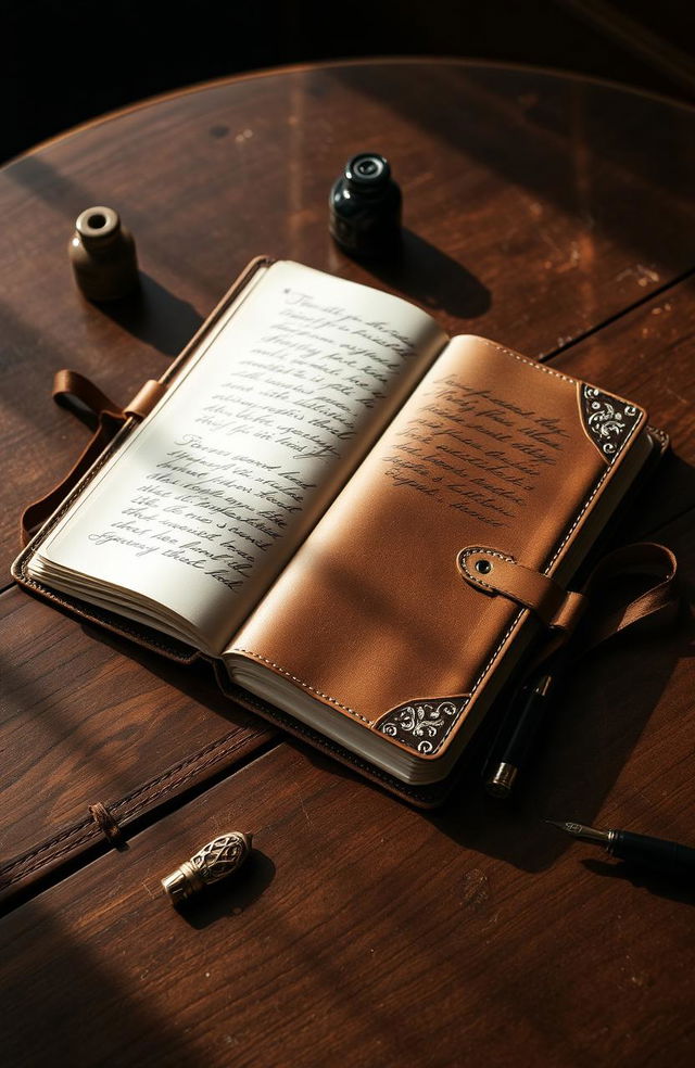 An elegant, vintage leather journal lying open on a beautifully textured wooden table, surrounded by an ink pen with intricate designs and a small ink bottle