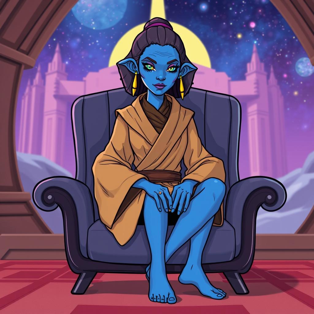 An illustration of Barriss Offee from Star Wars sitting on a stylish chair, rendered in a vibrant cartoon style