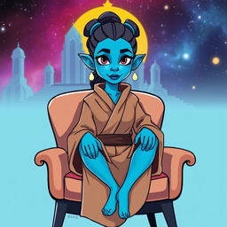 An illustration of Barriss Offee from Star Wars sitting on a stylish chair, rendered in a vibrant cartoon style