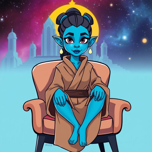 An illustration of Barriss Offee from Star Wars sitting on a stylish chair, rendered in a vibrant cartoon style