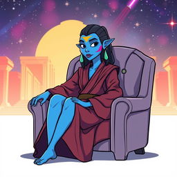 An illustration of Barriss Offee from Star Wars sitting on a stylish chair, rendered in a vibrant cartoon style