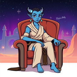 An illustration of Barriss Offee from Star Wars sitting on a stylish chair, rendered in a vibrant cartoon style