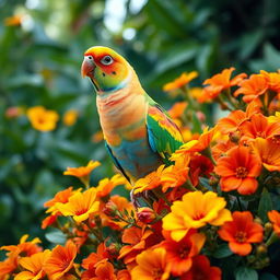 A vibrant and joyful scene featuring a stunning rainbow mutation budgie, showcasing a beautiful array of colors in its feathers