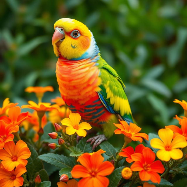 A vibrant and joyful scene featuring a stunning rainbow mutation budgie, showcasing a beautiful array of colors in its feathers