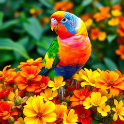 A vibrant and joyful scene featuring a stunning rainbow mutation budgie, showcasing a beautiful array of colors in its feathers