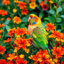 A vibrant and joyful scene featuring a stunning rainbow mutation budgie, showcasing a beautiful array of colors in its feathers