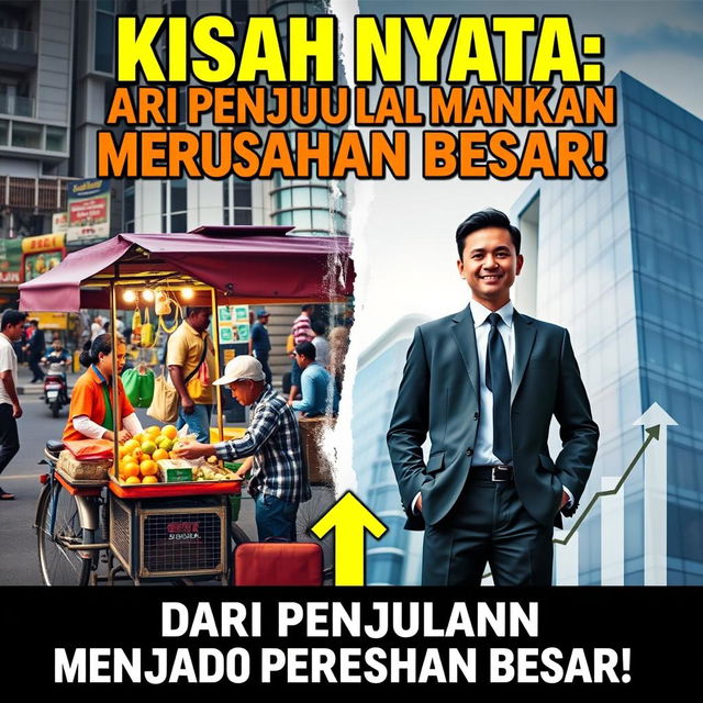 A captivating poster featuring the phrase "Kisah Nyata: Dari Penjual Jalanan Menjadi CEO Perusahaan Besar!" (True Story: From Street Vendor to CEO of a Large Company!) in bold, impactful font