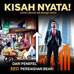 A captivating poster featuring the phrase "Kisah Nyata: Dari Penjual Jalanan Menjadi CEO Perusahaan Besar!" (True Story: From Street Vendor to CEO of a Large Company!) in bold, impactful font