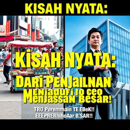 A captivating poster featuring the phrase "Kisah Nyata: Dari Penjual Jalanan Menjadi CEO Perusahaan Besar!" (True Story: From Street Vendor to CEO of a Large Company!) in bold, impactful font