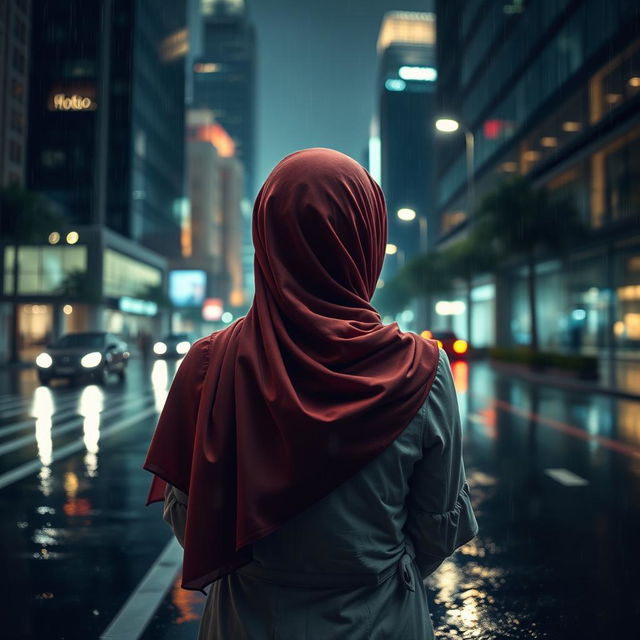 A beautiful hijab-wearing woman seen from the back, standing in the middle of a city at night during a rain shower