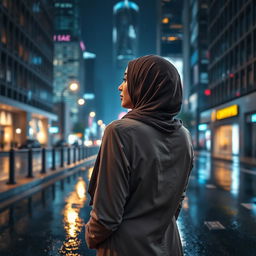 A beautiful hijab-wearing woman seen from the back, standing in the middle of a city at night during a rain shower
