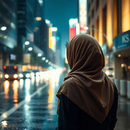 A beautiful hijab-wearing woman seen from the back, standing in the middle of a city at night during a rain shower