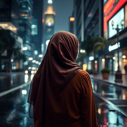 A beautiful hijab-wearing woman seen from the back, standing in the middle of a city at night during a rain shower