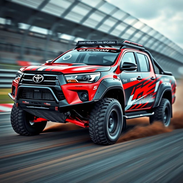 A modified Toyota Hilux for racing, showcasing a sleek, aerodynamic design with bold racing stripes and sponsorship decals