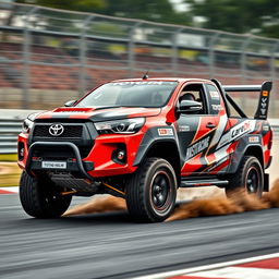 A modified Toyota Hilux for racing, showcasing a sleek, aerodynamic design with bold racing stripes and sponsorship decals